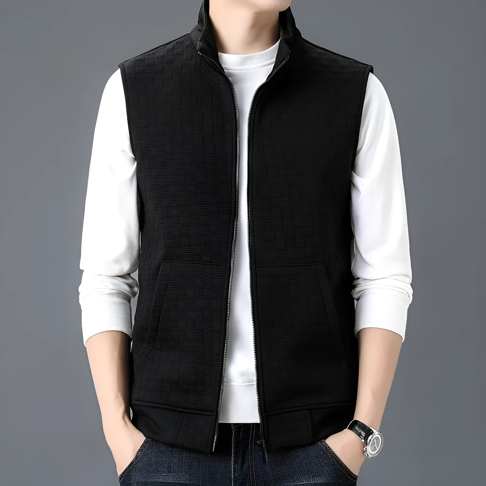 Casual sleeveless waistcoat vest in chemical fiber blending polyester fabric shown in neutral colours