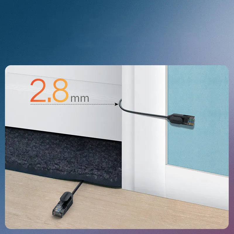 Black plastic network cable for home broadband router, available in lengths from 0.5m to 10m