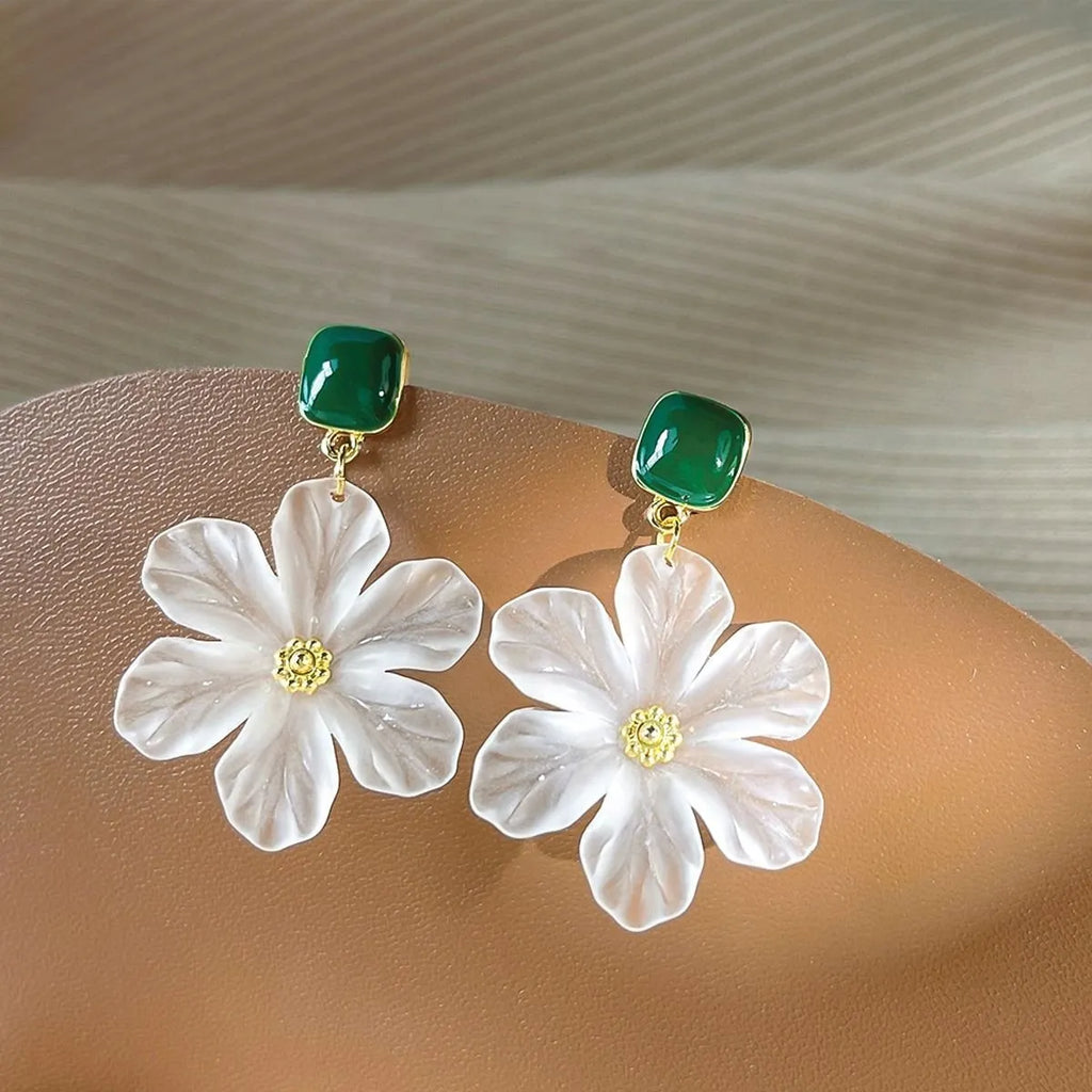 Dark green alloy earrings with needle flowers floral design for women