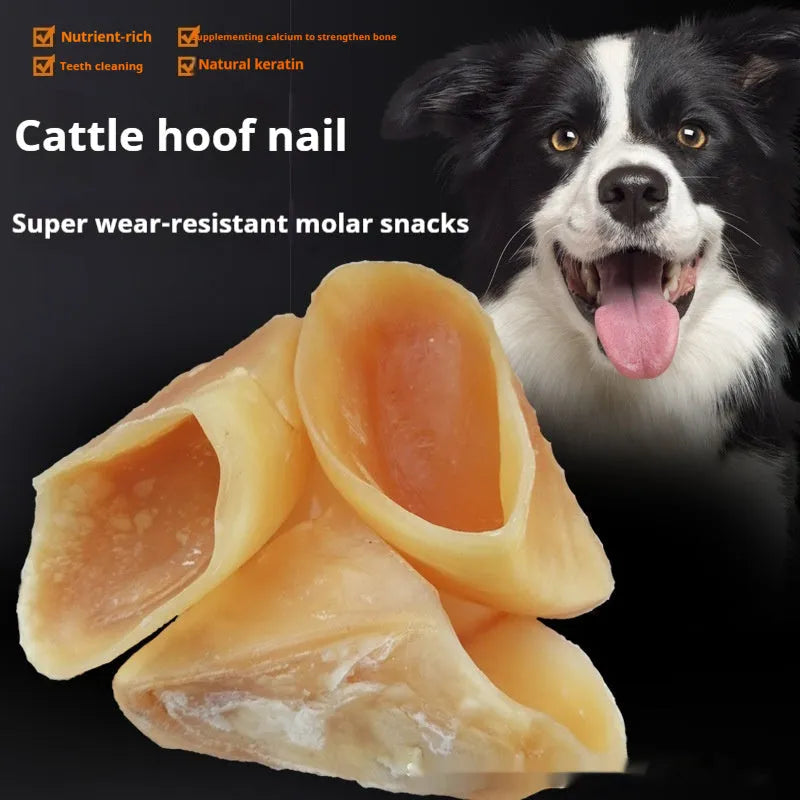 Natural cowhide anti-bite grinding rod dog chew in hoof shell colour, shown in small and large sizes.