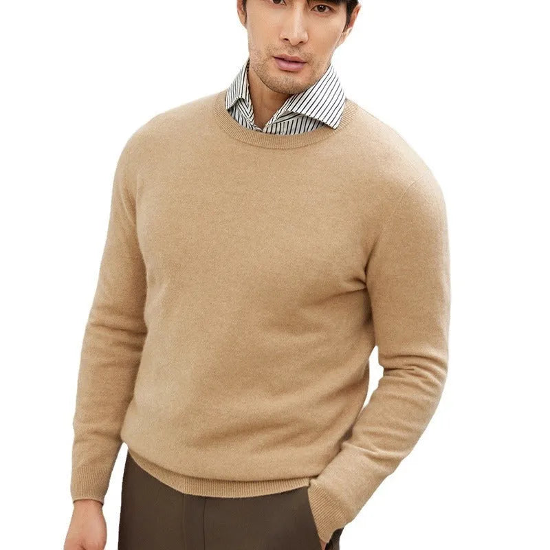 Men's long sleeve pullover sweater in solid colour, fine yarn knit, thickened for autumn and winter business casual wear.