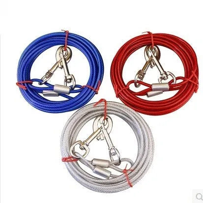 Double-headed dog leash with hand holding rope and steel wire iron chain in blue