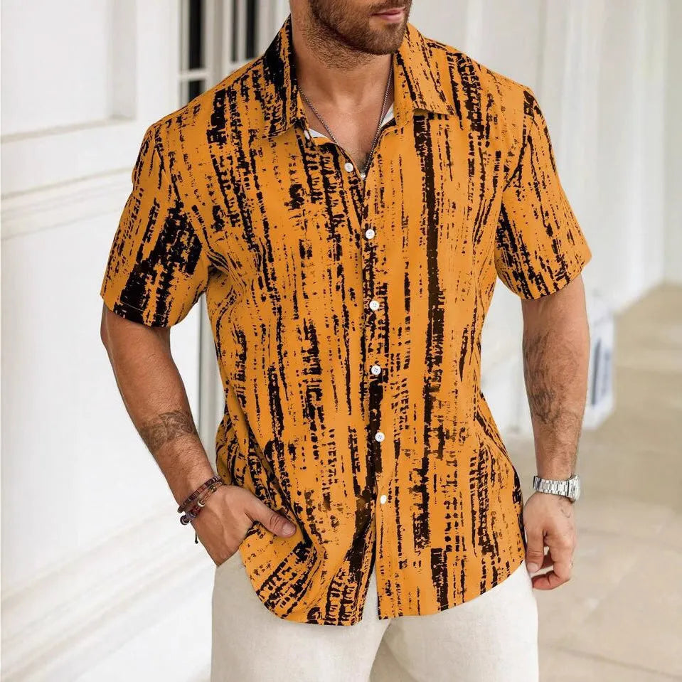 Man wearing a striped 3D printed short sleeve casual shirt in apricot colour.