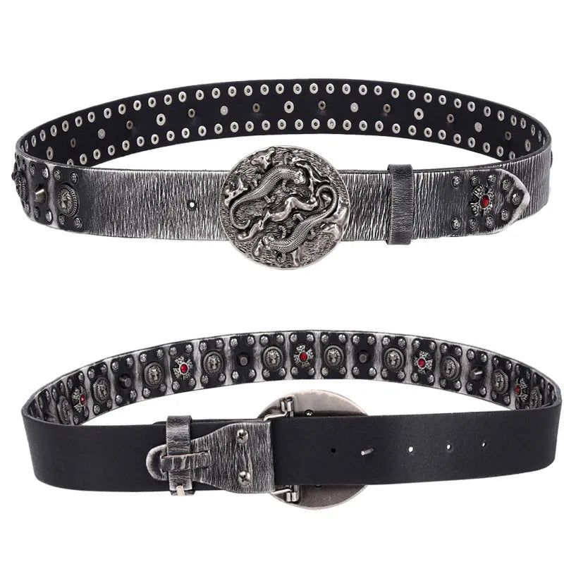 Men's black punk-style leather belt with silver rivets and an alloy buckle shown on a size chart.