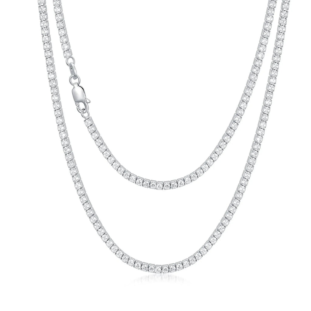 925 sterling silver tennis chain with 4mm cubic zirconia stones, white gold plated, silver colour