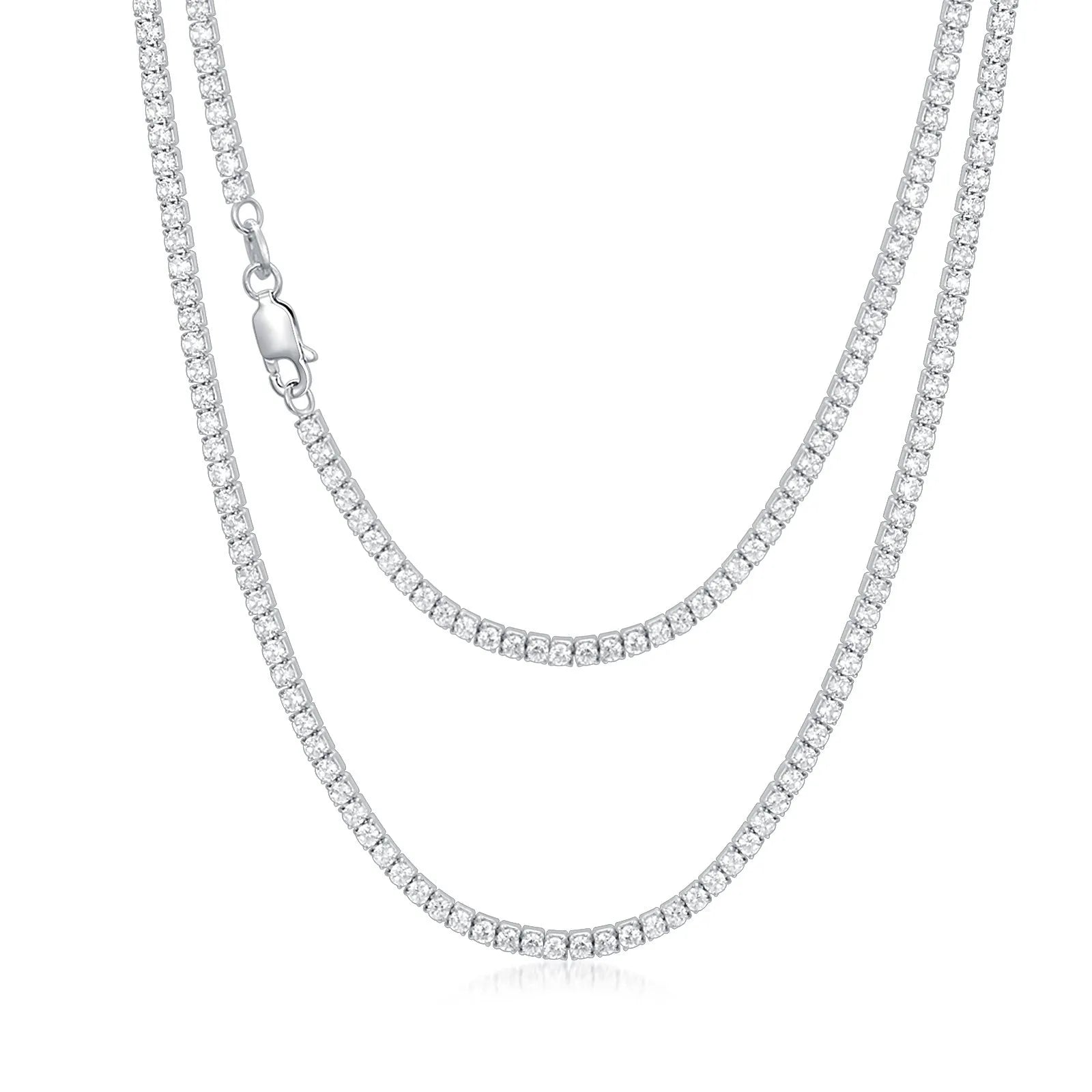 925 sterling silver tennis chain with 4mm cubic zirconia stones, white gold plated, silver colour