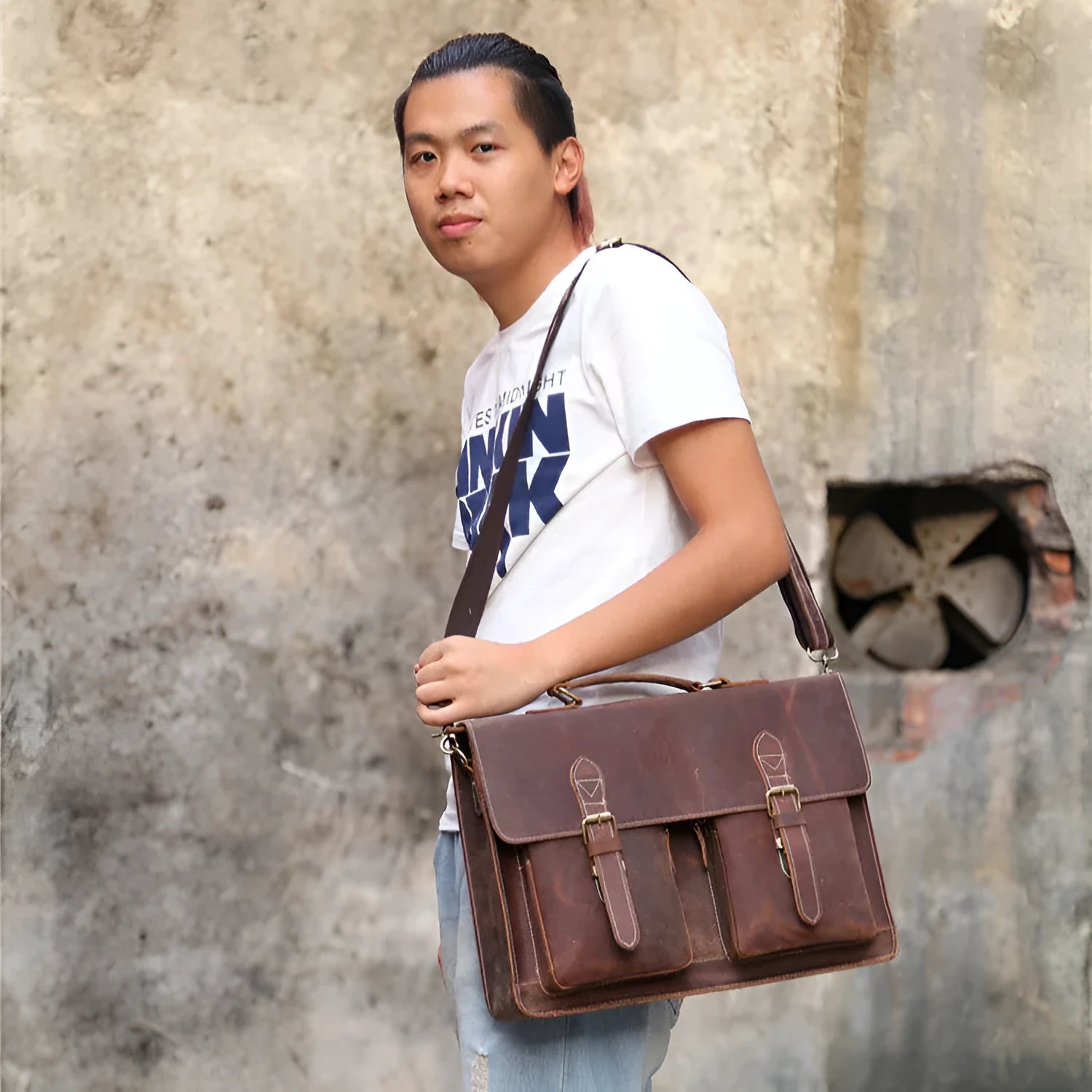 Small yellow brown Crazy Horse leather men's messenger bag with adjustable shoulder strap