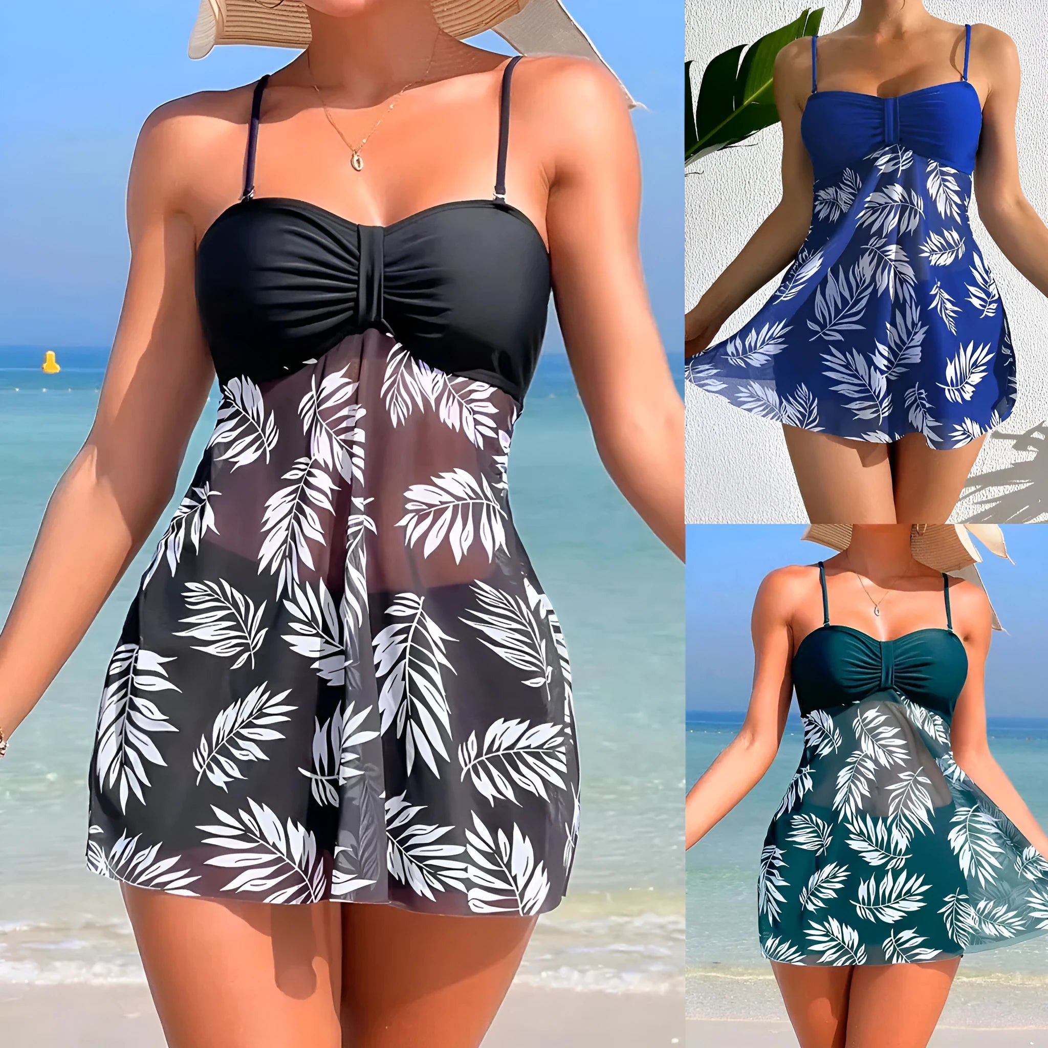 Women's high-waist swimsuit boxer shorts with mesh panel in three colour options