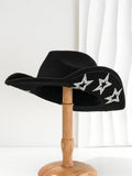 Beige woolen felt Western top hat with a conical crown and a decorative hexagonal star on the front.