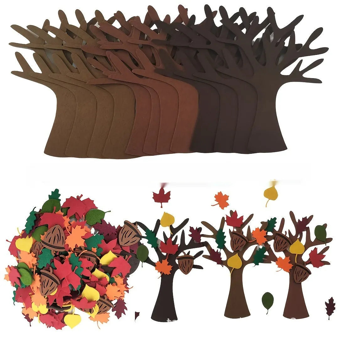 96 PCs felt tree handmade wall hanging set for children with non-woven fabric trees in green on white wall