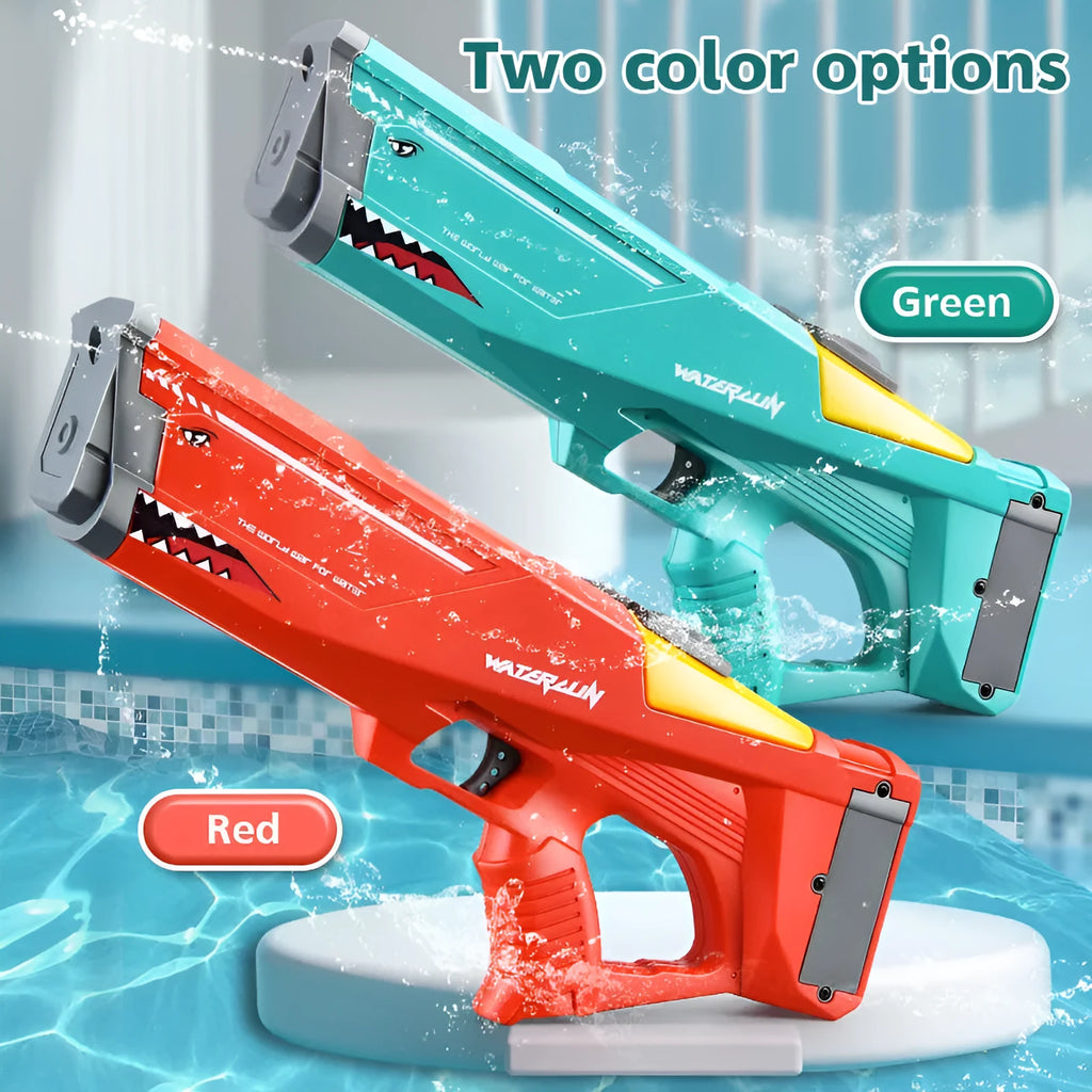 Red electric shark water gun 44cm long with 500ml tank, battery, screwdriver, and USB cable for kids water fights