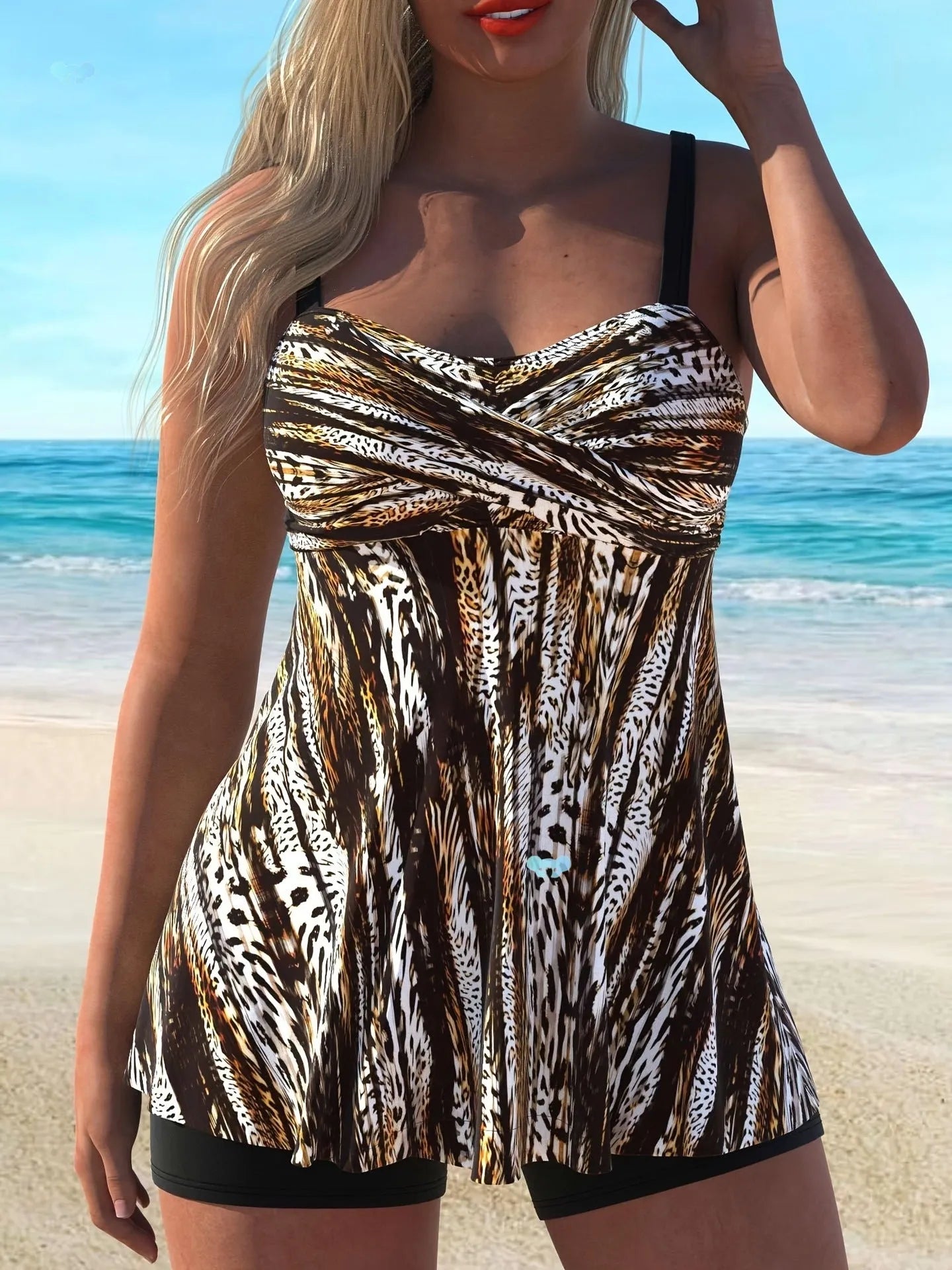 Hand-painted striped print maroon cotton tankini set with cross ring top for spring swimwear