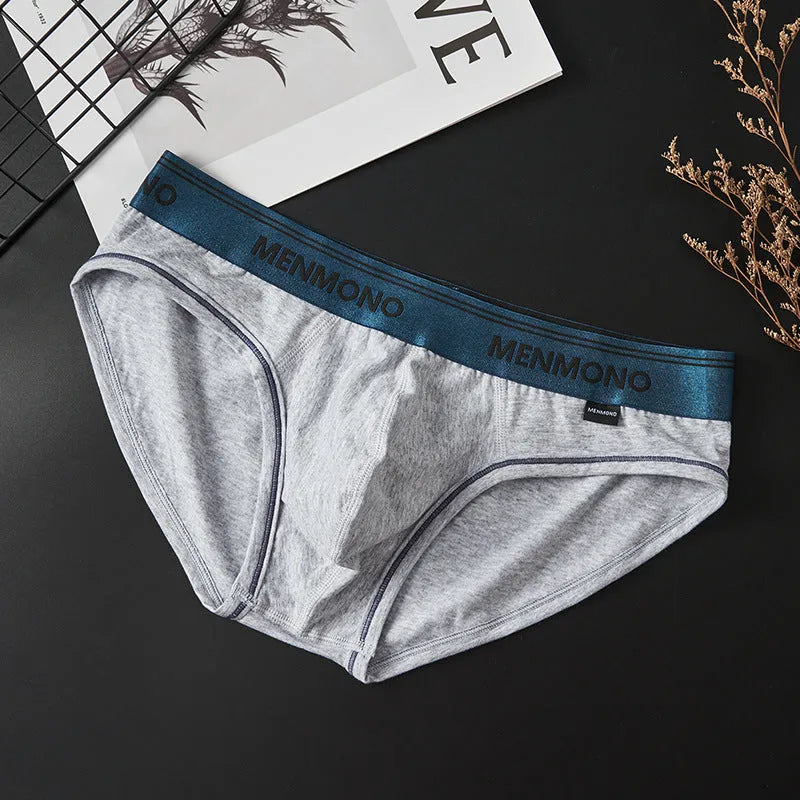 Men's low-waist cotton briefs in a colour-block design on a size chart.