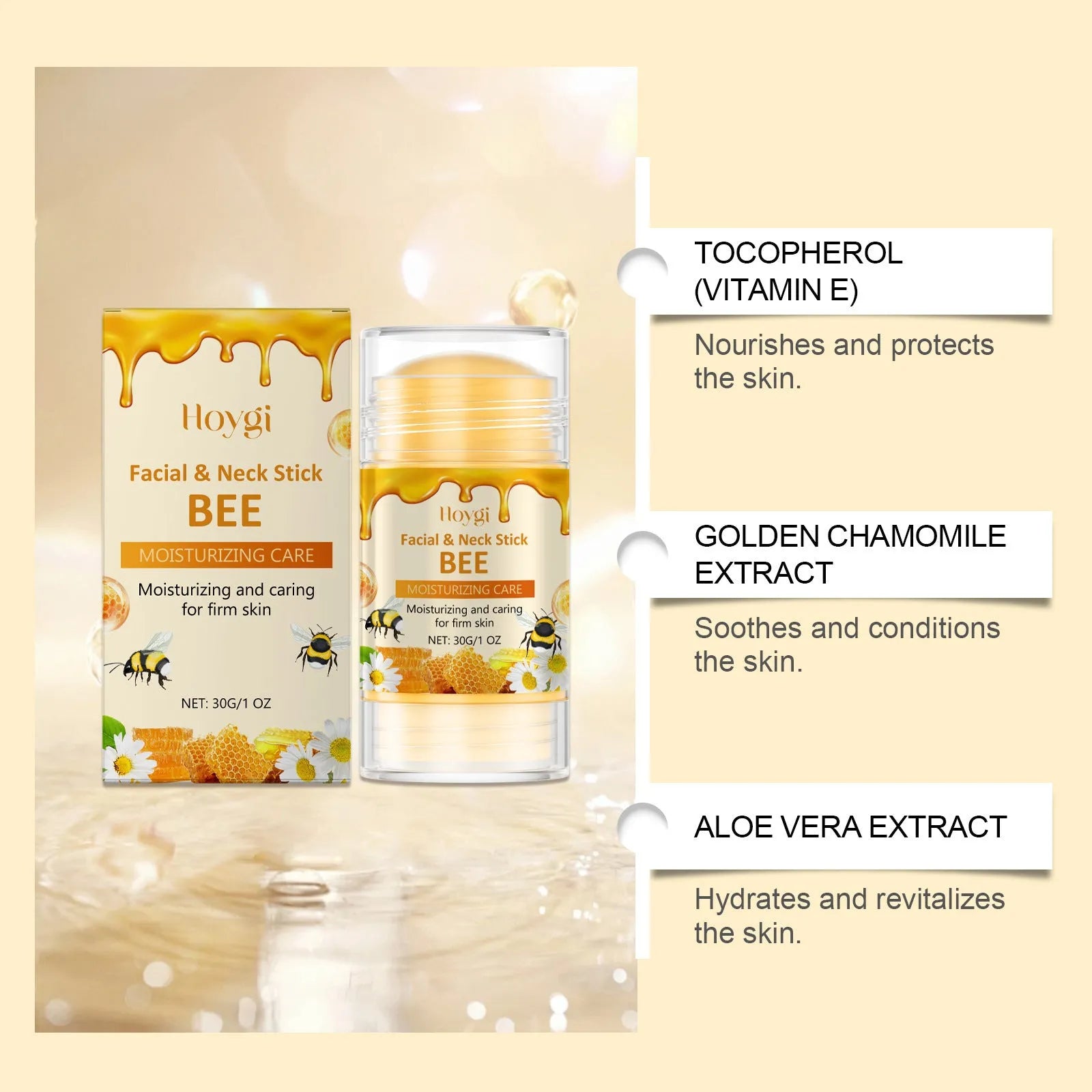 30g facial moisturising stick with vitamin E and botanical extracts including chamomile, aloe vera and lavender