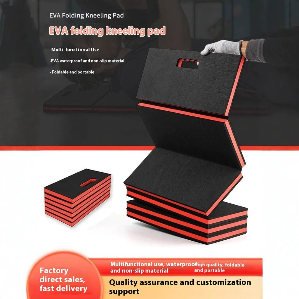 Large grey folding EVA foam kneeling mat shown open on a garage floor.