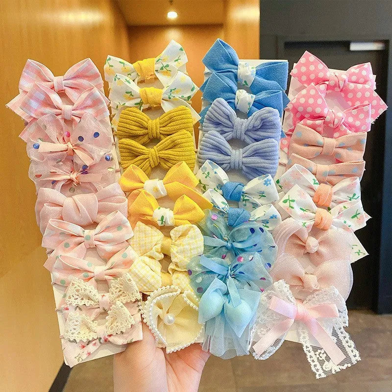 Girls' fabric hair bow set 10-piece simple bow flower pattern handmade children's hair accessory