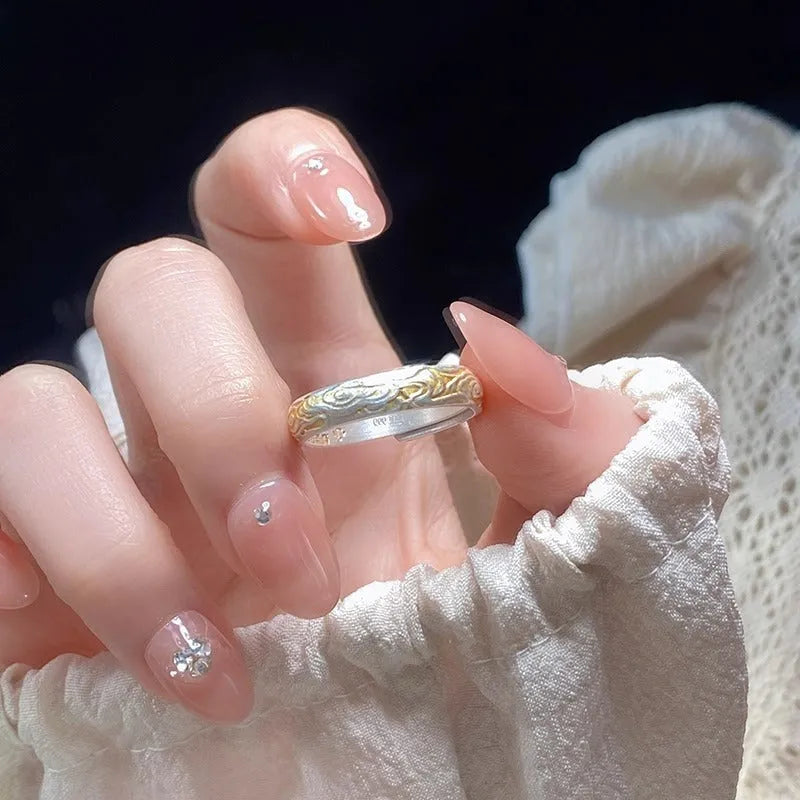 Adjustable open mouth geometric ring with Xiangyun pattern and silver-gold electroplated finish