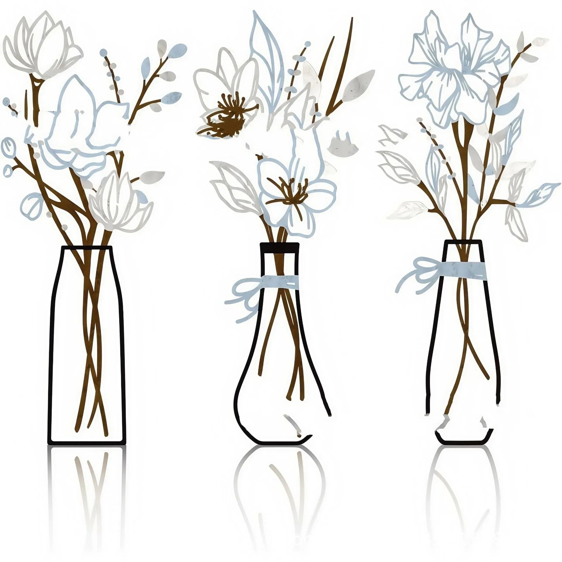 Set of three metal wall decorations with floral and vase designs in a farmhouse style.