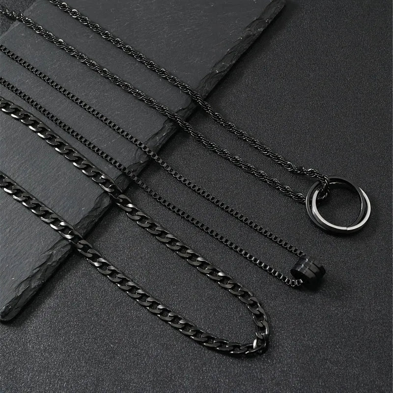 Men's black stainless steel necklace with titanium steel cylindrical ring buckle pendant, three-piece set.