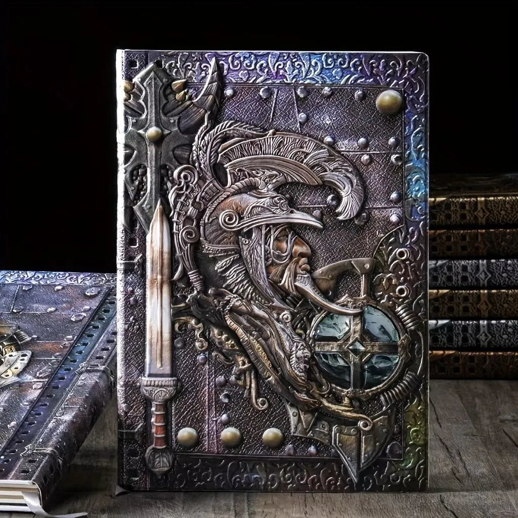 Handmade leather A5 notebook with a detailed embossed 3D warrior relief on the cover.