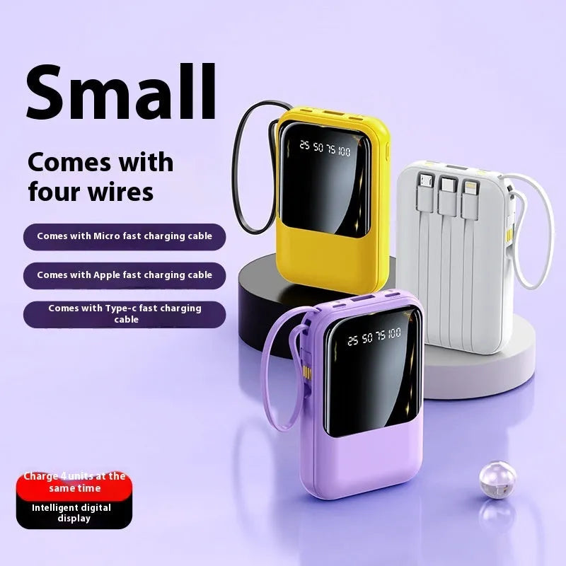 Small super fast charge power bank with cable in black plastic shell, compact design