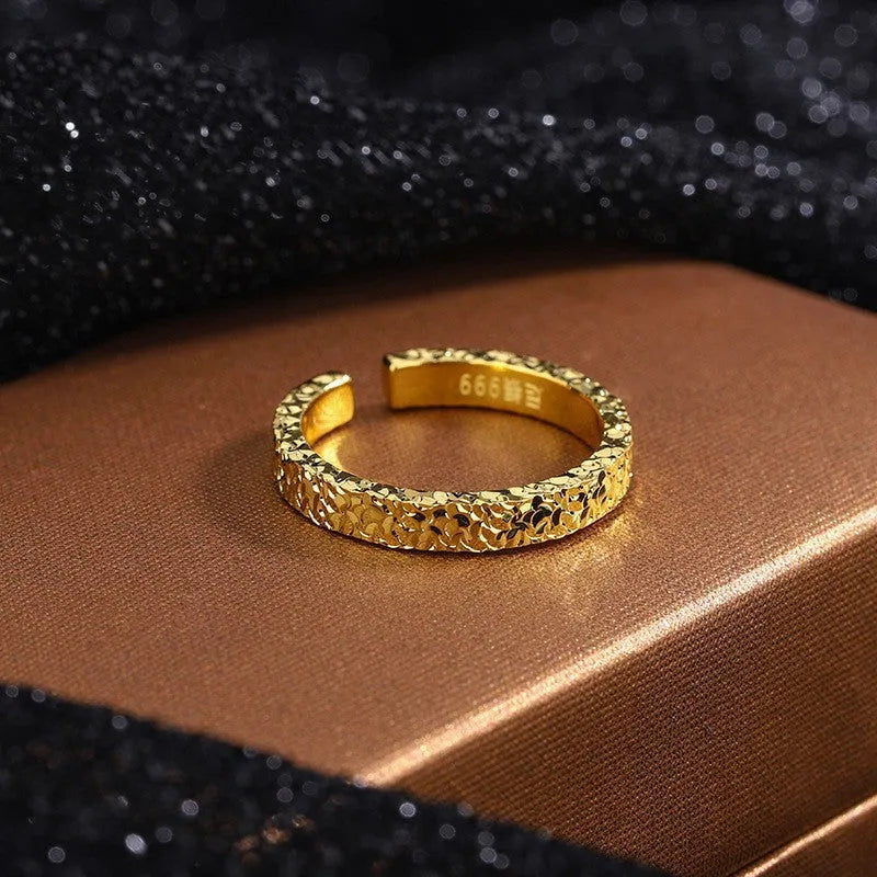 Vietnam placer gold open ring for women, adjustable, yellow gold finish, geometric starry sky pattern, on forefinger