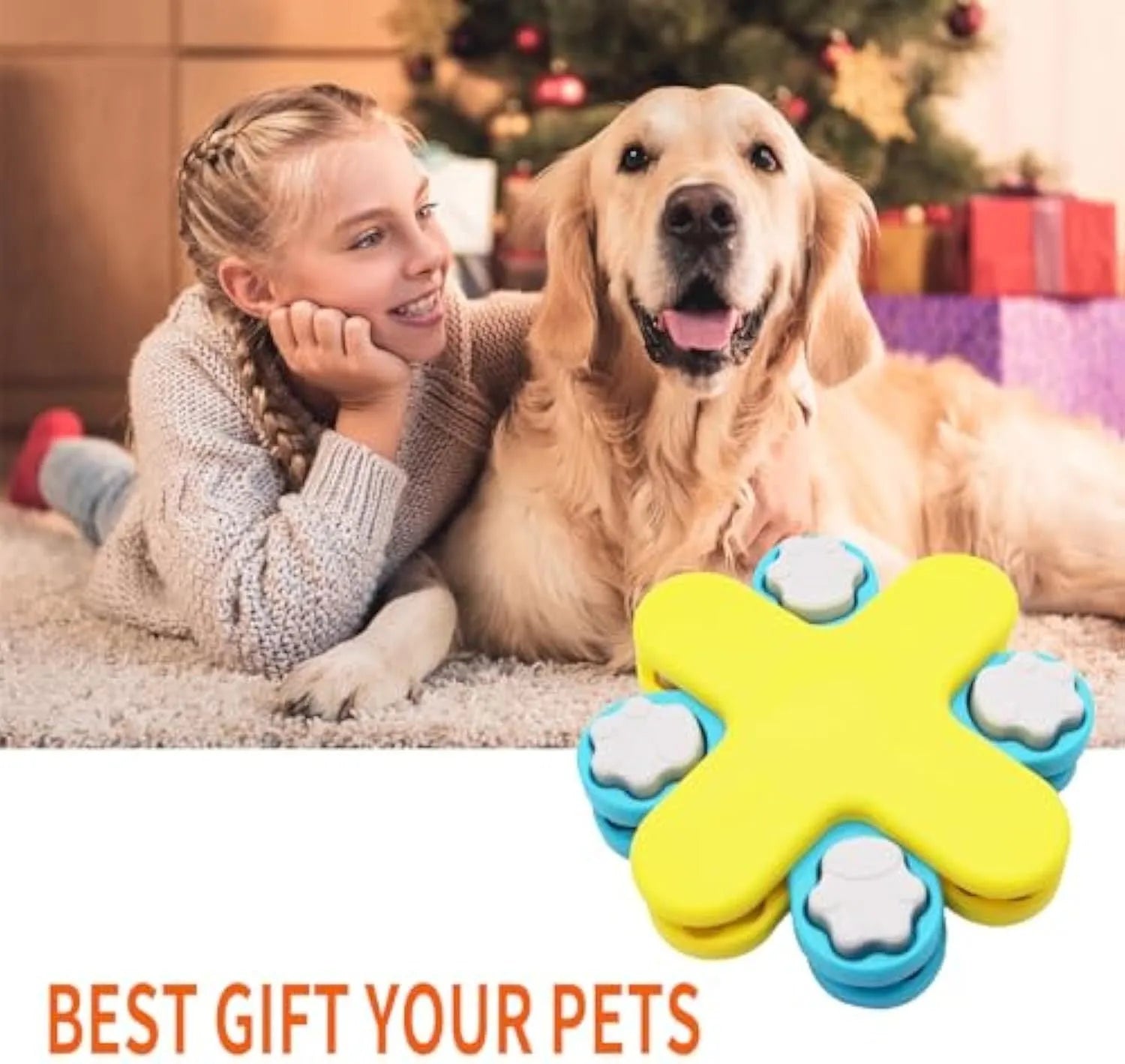 Yellow three-layer rotating dog puzzle feeder toy with anti-slip rubber pads on base