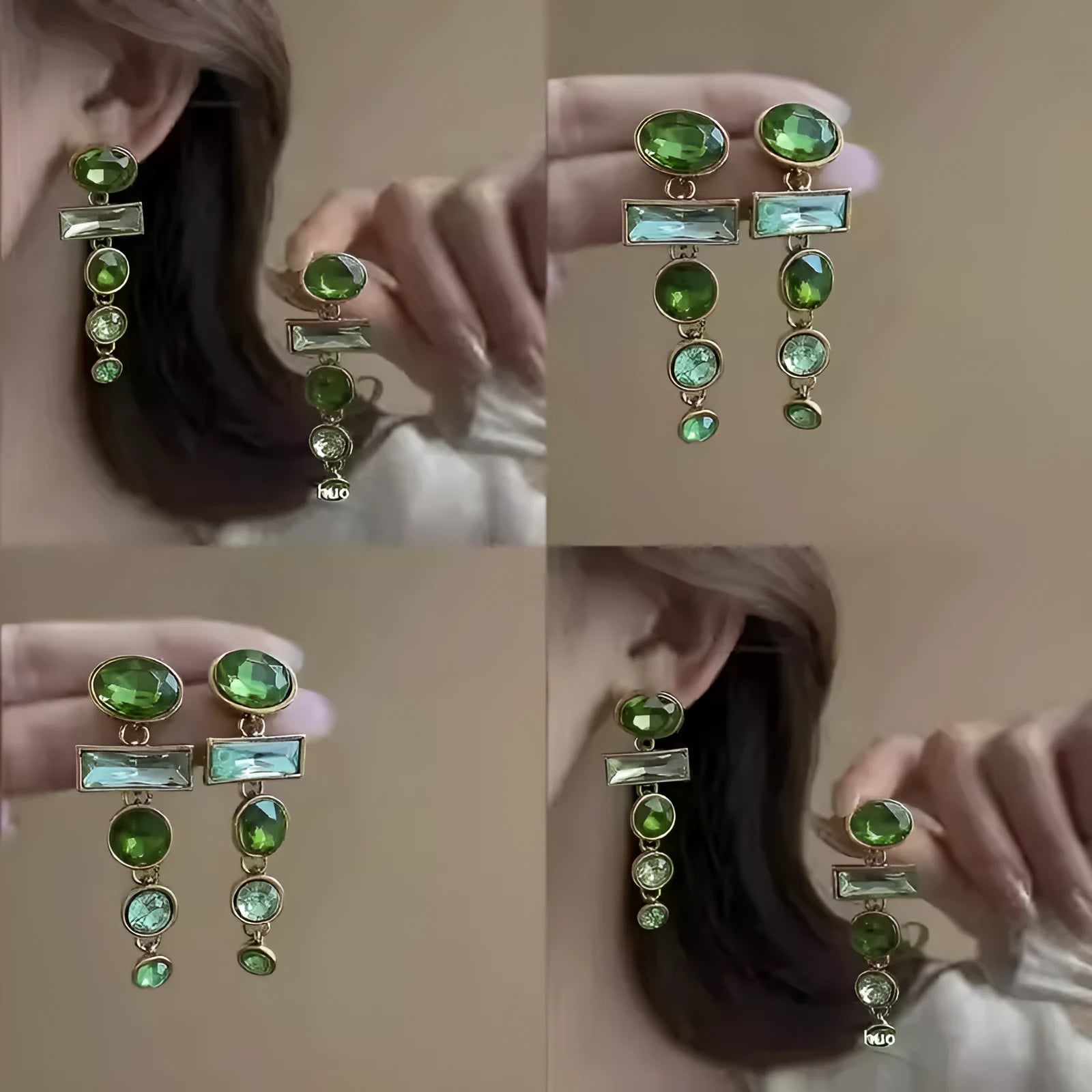 A pair of green gradient geometric alloy stud earrings with inlaid zircon stones and a dangling tassel.
