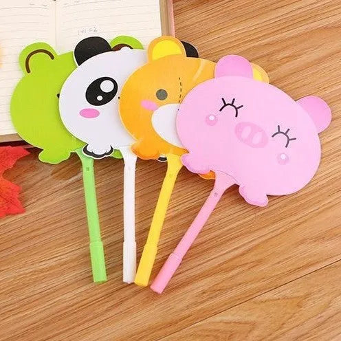 Fan-shaped promotional ballpoint pen with character refill showing 19.5cm length and 0.5mm nib