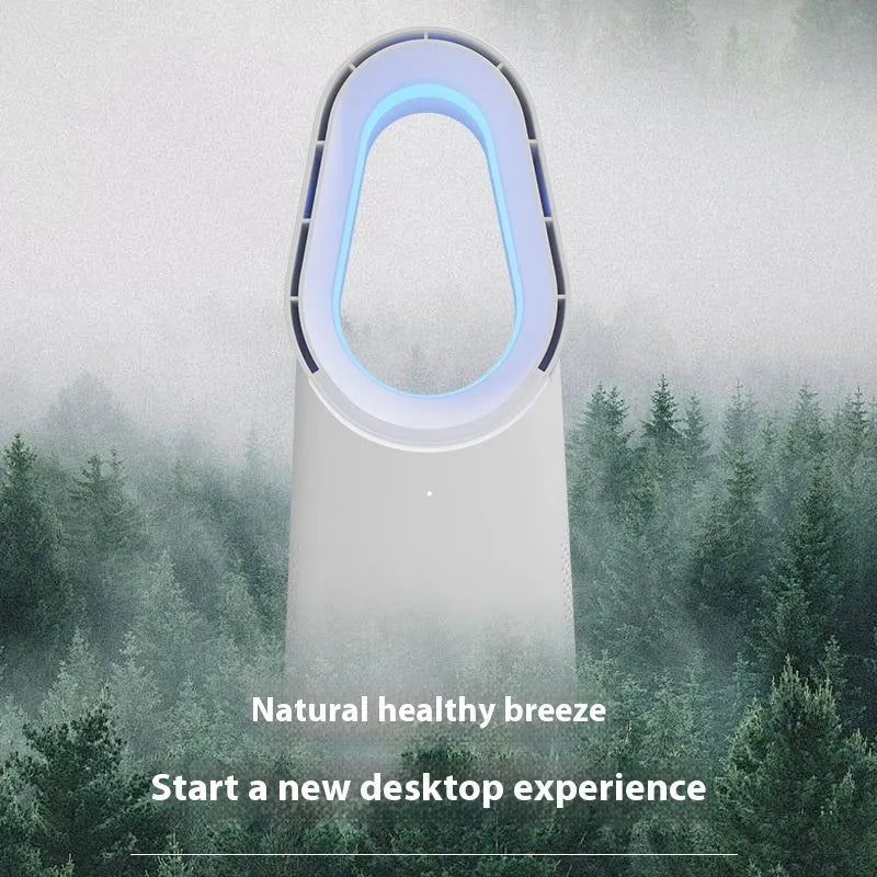 White bladeless tower fan with touch screen controls and remote for home or office use