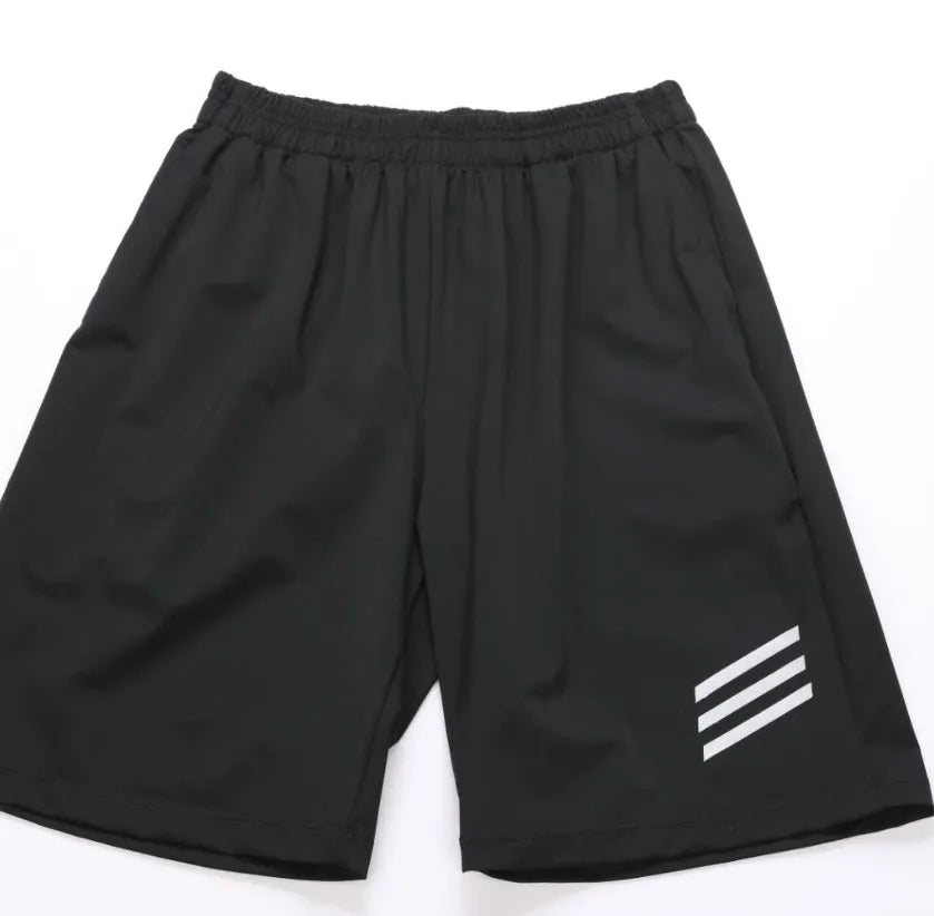 Men's loose five-point reflective polyester running shorts in black on a white background