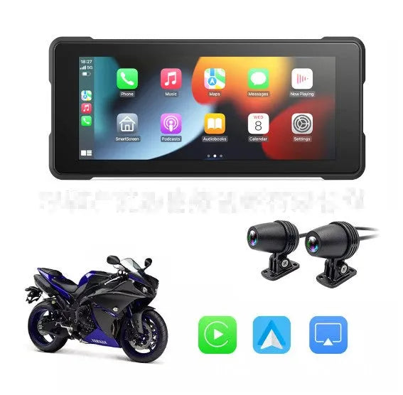 6.86-inch motorcycle CarPlay screen with dual lens driving recorder, IP68 waterproof, touch display