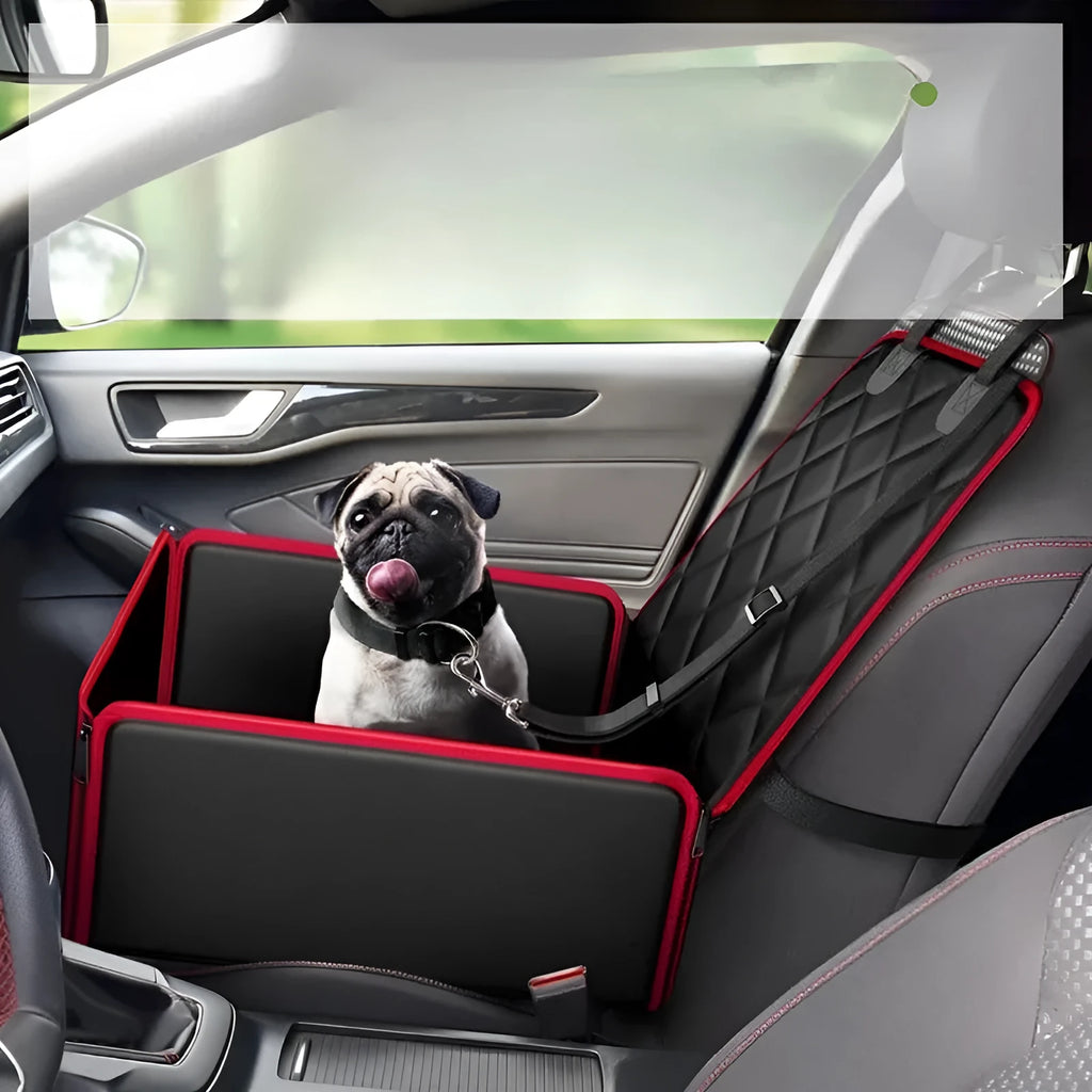 Large black dog car front seat pad with non-slip base on a car seat