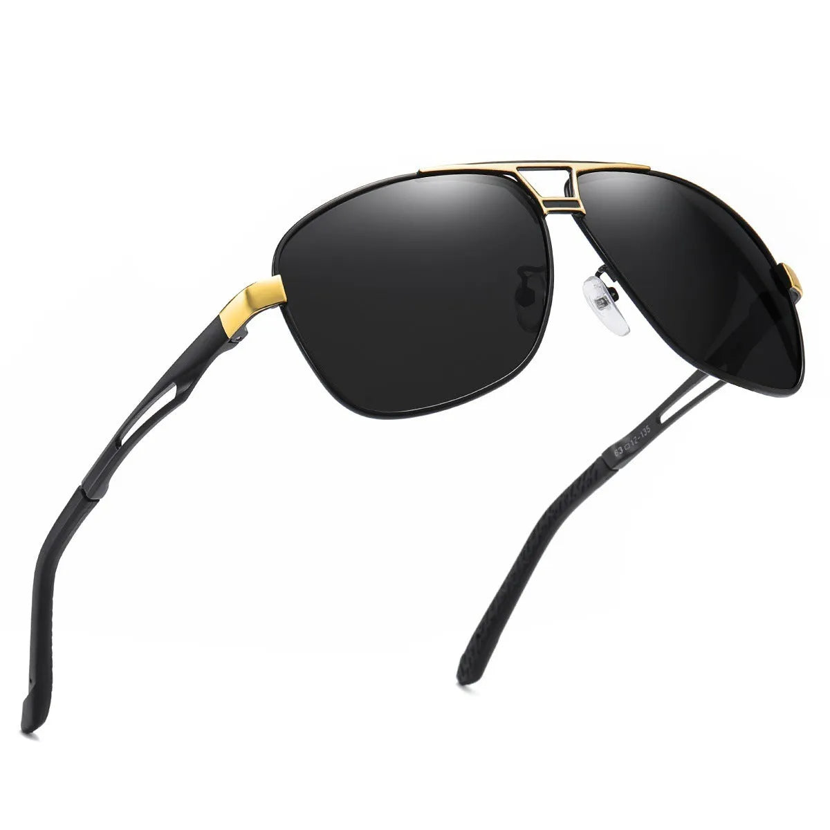 Men's aviator-style sunglasses with orange red polarised lenses and a metal frame on a grey background.