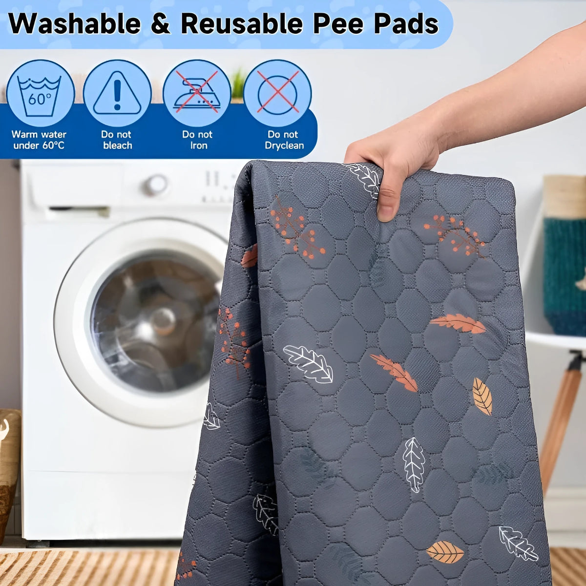 Dark gray leaves washable dog urine pad, non-slip cloth training mat in four sizes