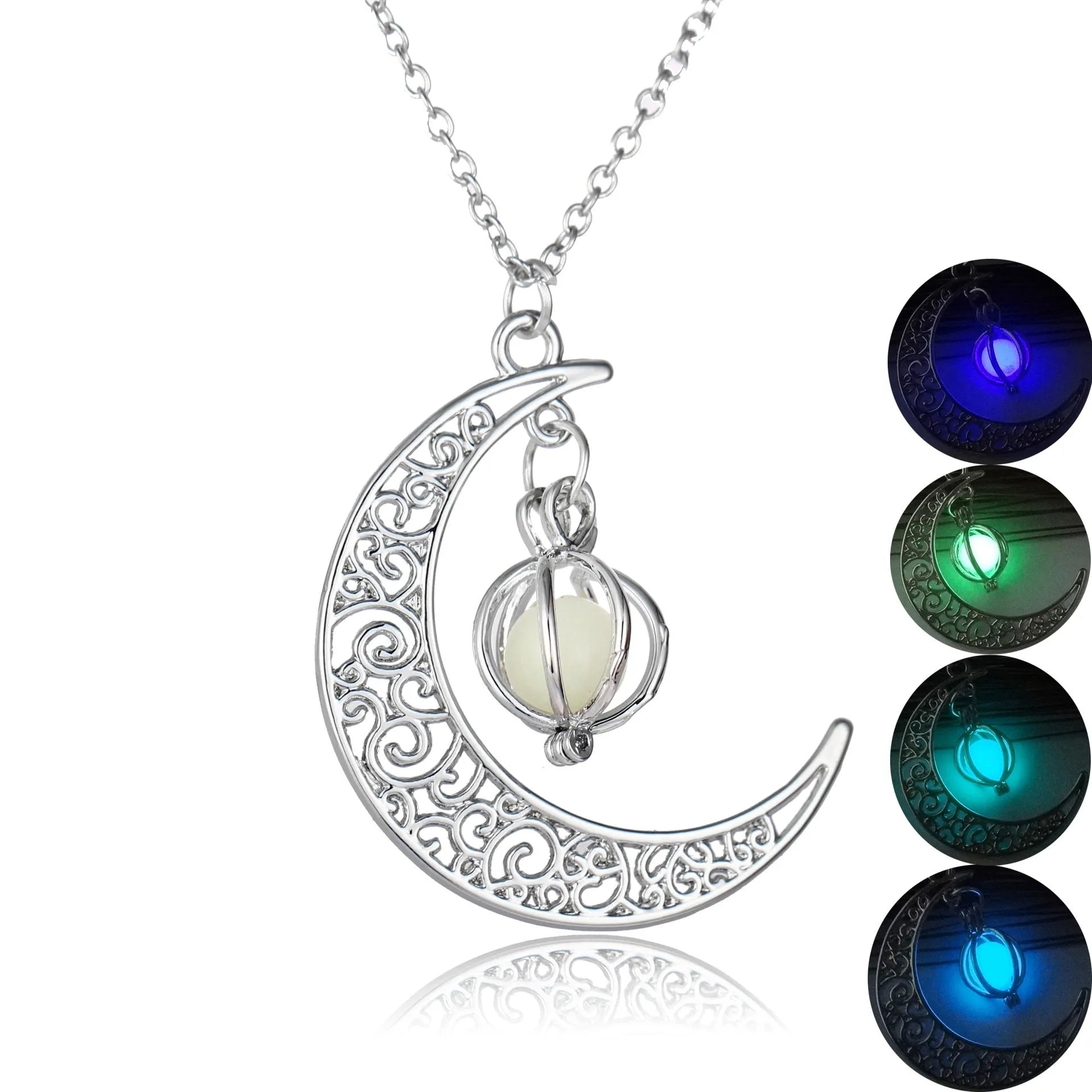 Fashion moon pendant necklace with glowing fluorite stone on bamboo chain, alloy and copper, sky blue colour
