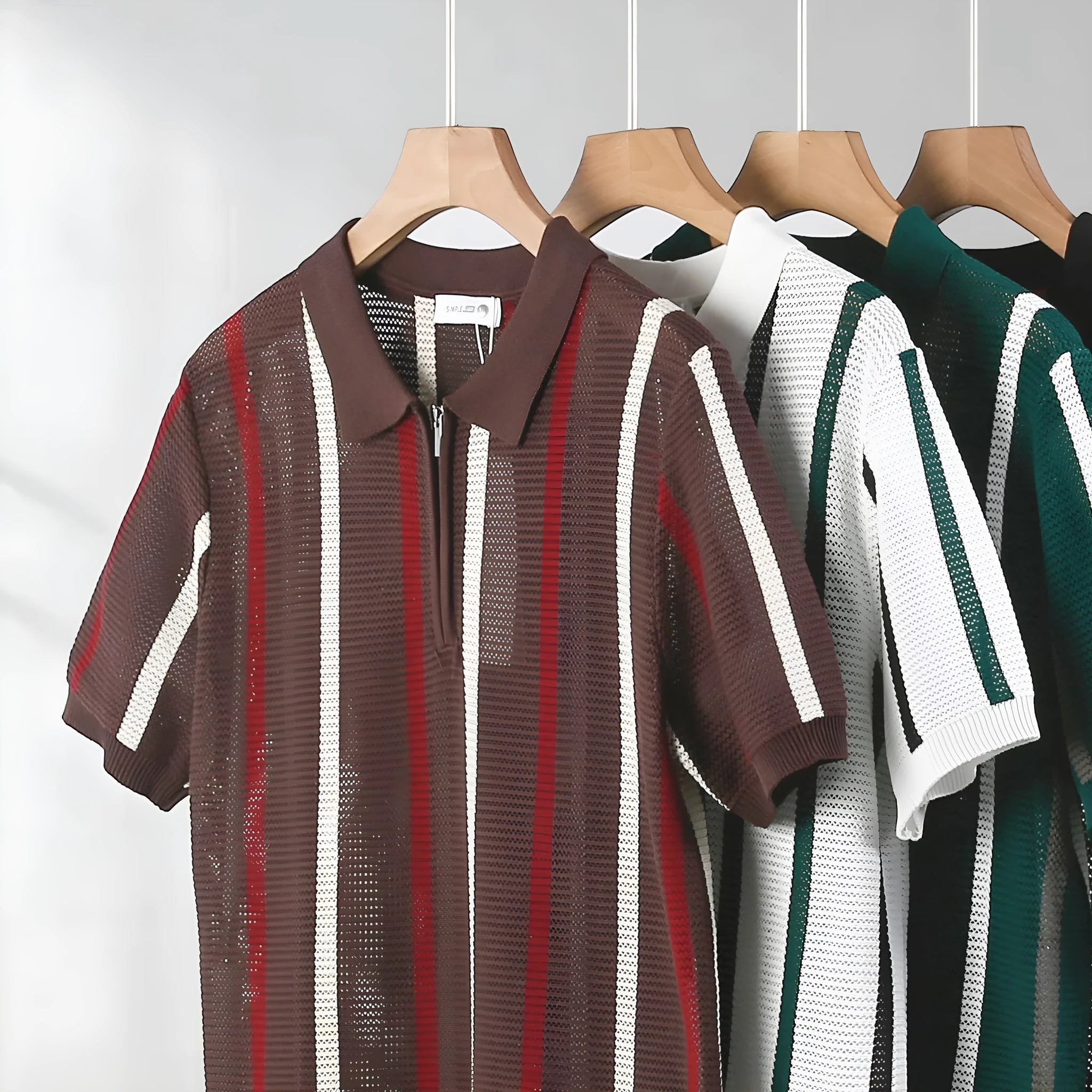 Hollow mesh short-sleeved knitting polo shirt in Ice Silk fabric with zipper decorations, loose fit, black colour