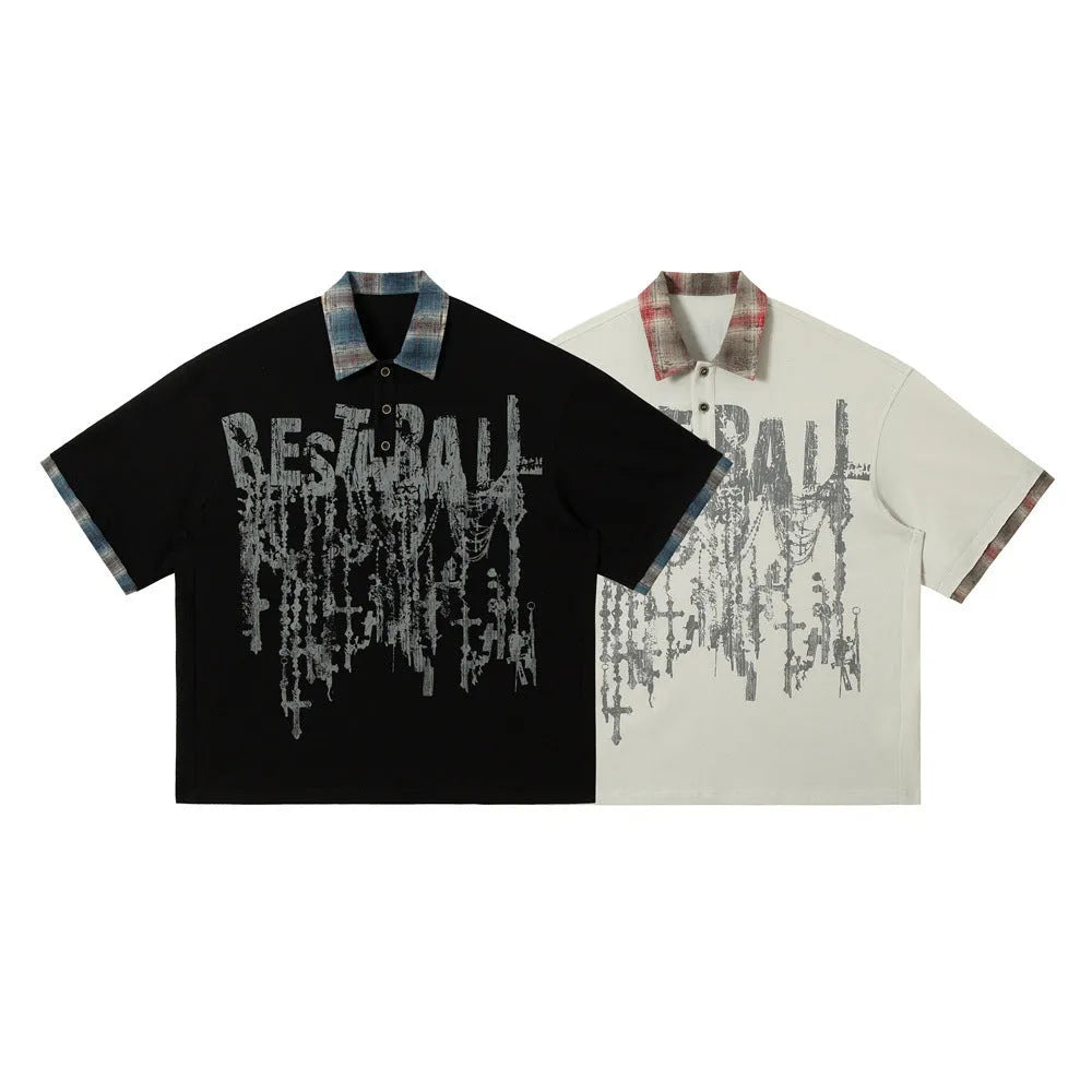 Men's loose blue cotton top with asymmetric lapel and graffiti print, short sleeves.