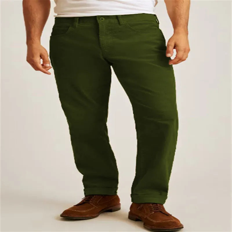 Corduroy straight leg casual trousers in army green colour showing loose fit and mid waist design