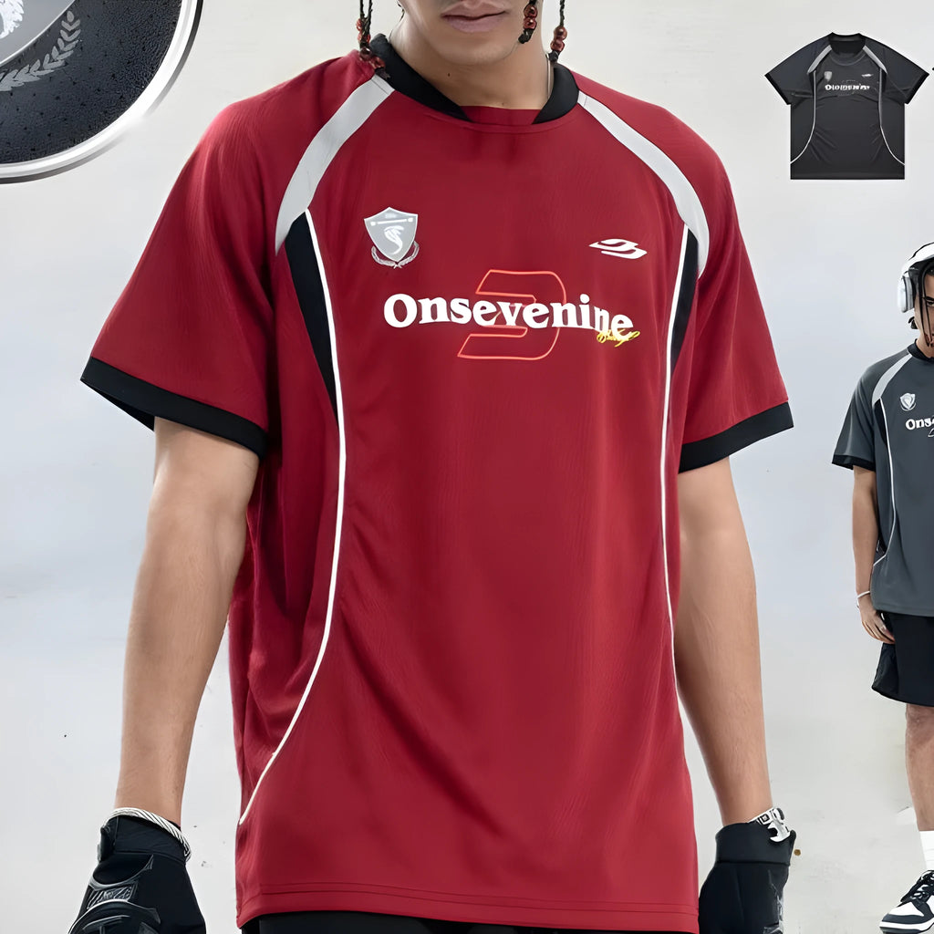 Patchwork quick-drying cotton T-shirt with letter print and stitching, dark red or dark grey, S to XXL