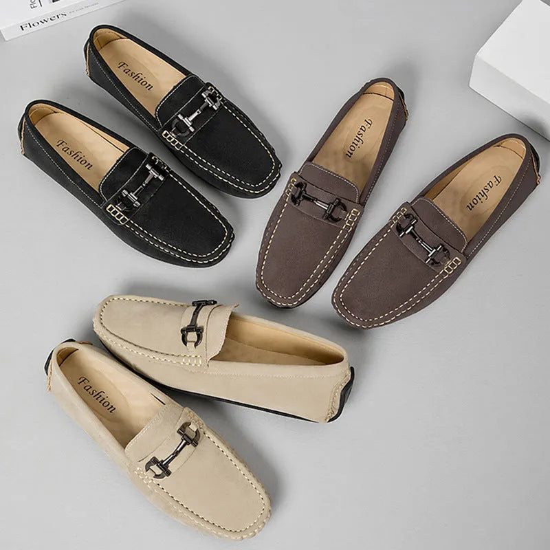 Men's casual leather loafers in black brown beige with round toe and rubber sole