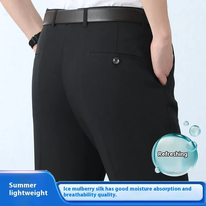 Men's straight leg business trousers in a mulberry silk blend fabric, shown in a dark blue colour.