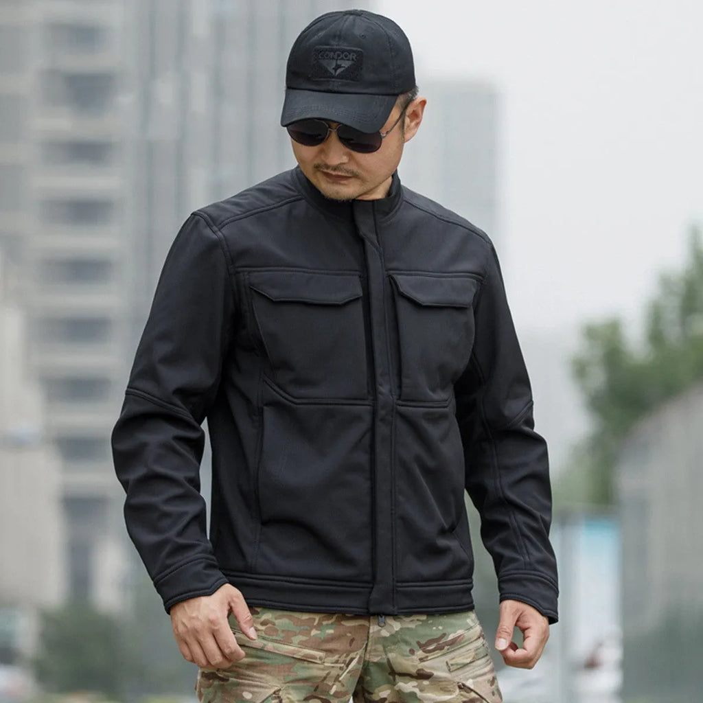 Bone Frog Peak Breaker soft shell tactical jacket in black, shown as a windproof and waterproof outdoor coat.
