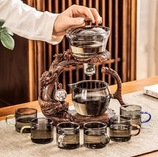 Dragon Year lazy glass automatic tea set in green gray walnut with bowl, base, and fair cup