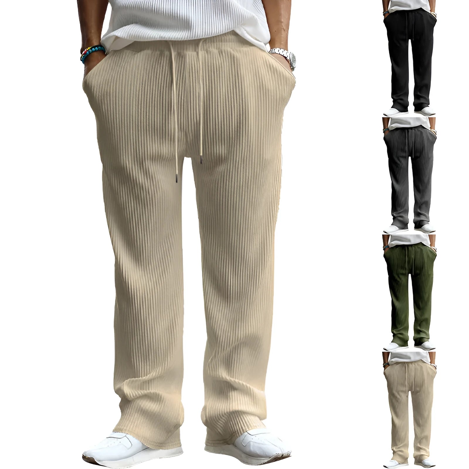Men's loose straight leg trousers in polyester fabric showing high waist design and casual fit
