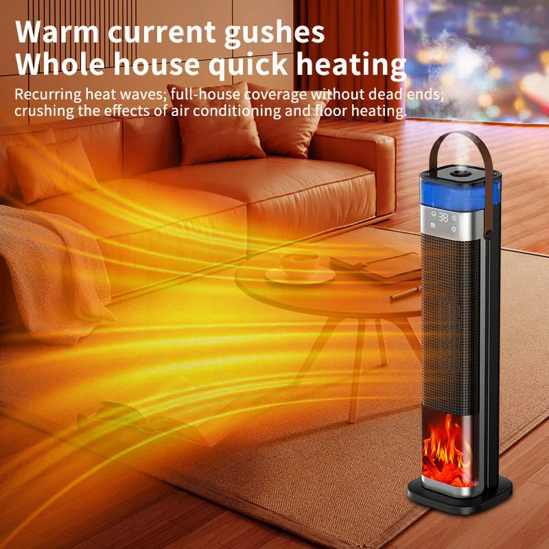 Slim vertical ceramic heater with humidifier function and remote control on a table.