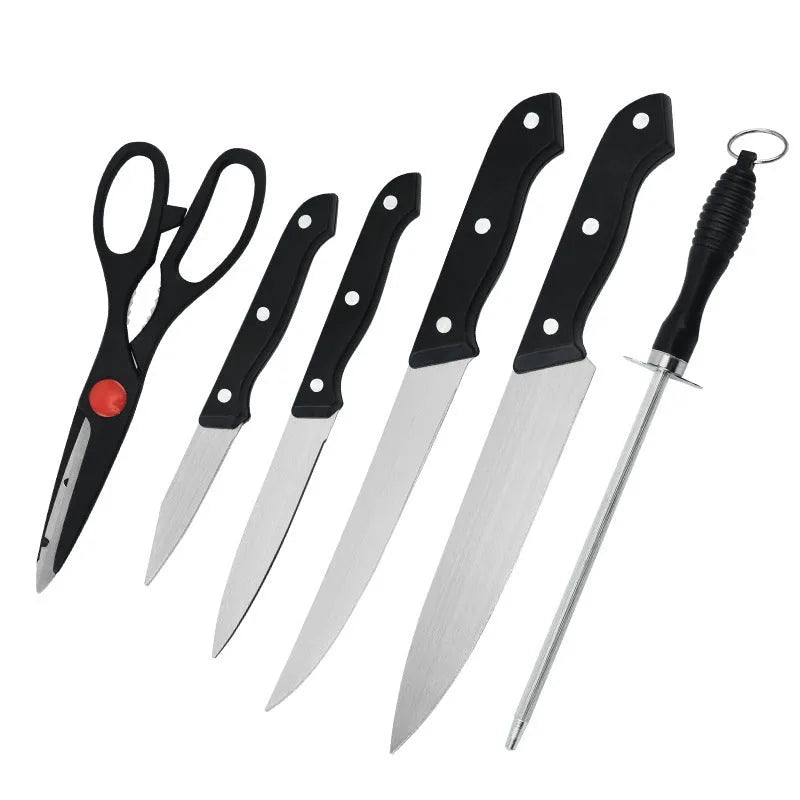Stainless steel knife and A-style black cutting board set with 17.5 cm blade