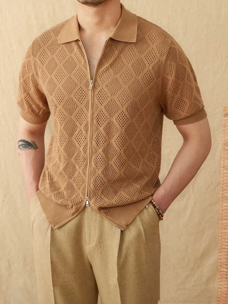 Men's light brown cotton zip-up cardigan with short sleeves and a lapel collar.