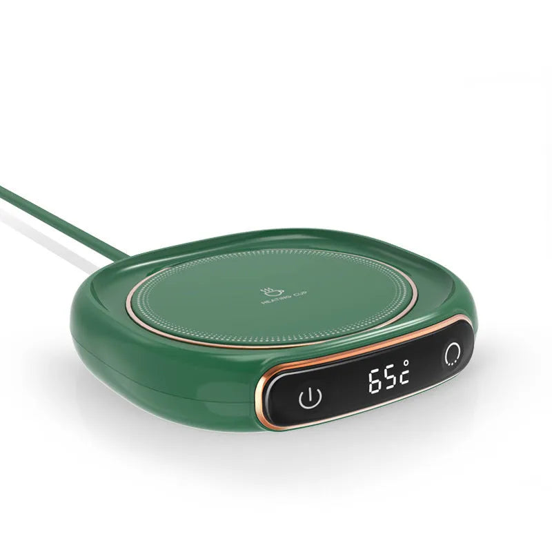 USB-powered coffee mug warmer coaster in white, 10W, 130x110x23mm, on a desk with a coffee mug