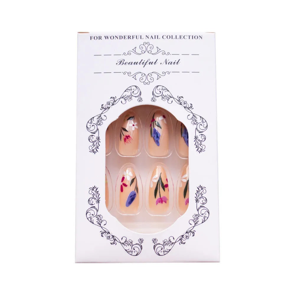 Almond-shaped removable flower nail art set with rose and tulip patterns in solid colour sweet style